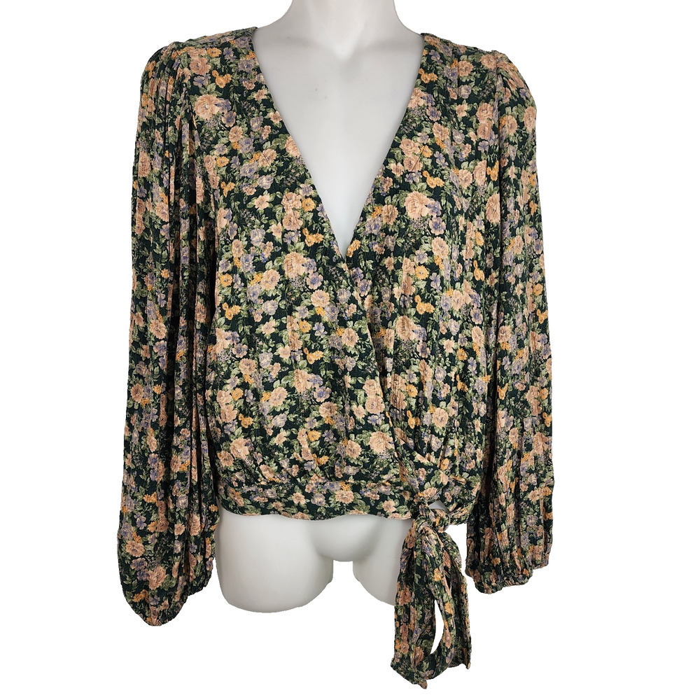 American Eagle Womens Floral Surplice Wrap Top Tie Smocked Waist Green Viscose M